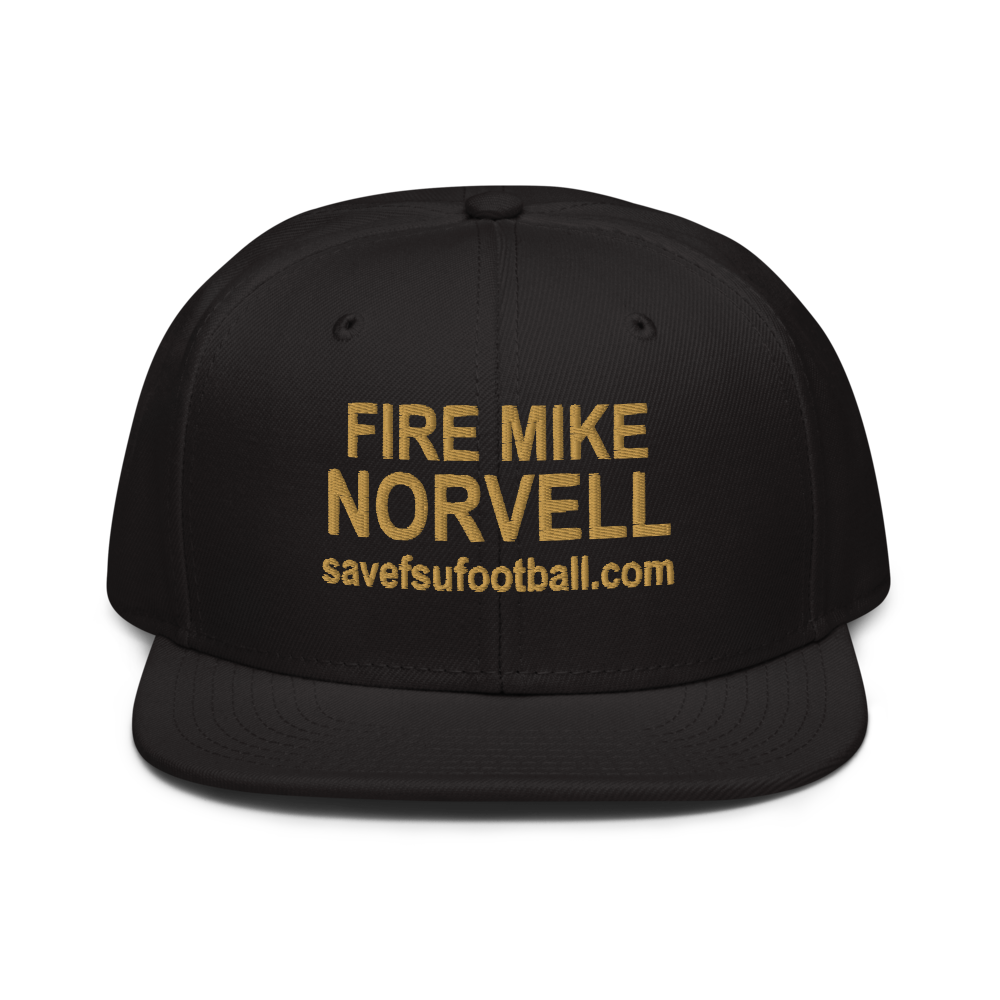 Fire Mike Norvell Snapback, Black, front: FIRE MIKE NORVELL with savefsufootball.com embroidered beneath. Old Gold thread on a black Otto Cap 125-978 snapback. Structured, six-panel crown, flat visor and an adjustable snap closure. Made to order with flat embroidery.