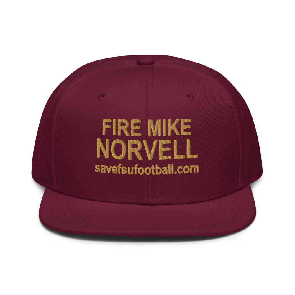 Fire Mike Norvell Snapback, Garnet, front: FIRE MIKE NORVELL with savefsufootball.com embroidered beneath. Old Gold thread on a burgundy maroon Otto Cap 125-978 snapback. Structured, six-panel crown, flat visor and an adjustable snap closure. Made to order with flat embroidery.