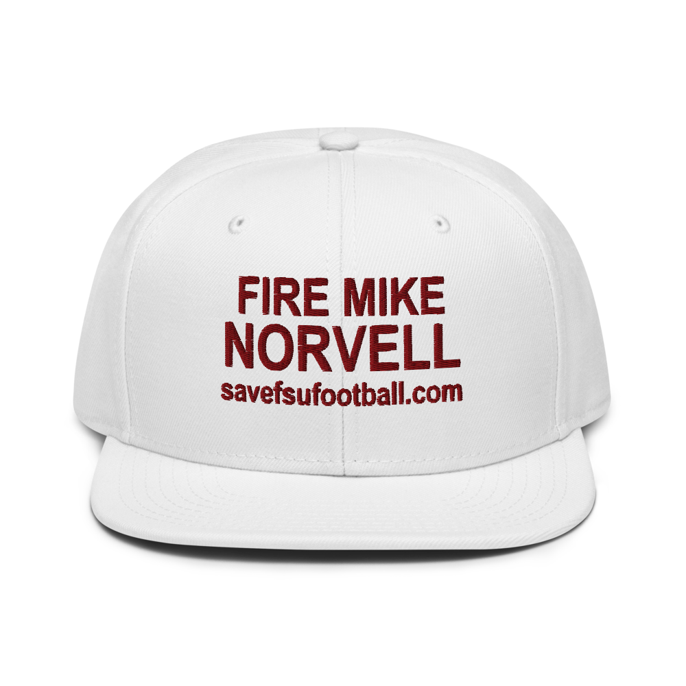 Fire Mike Norvell Snapback, White, front: FIRE MIKE NORVELL with savefsufootball.com embroidered beneath. Garnet thread on a white Otto Cap 125-978 snapback. Structured, six-panel crown, flat visor and an adjustable snap closure. Made to order with flat embroidery.