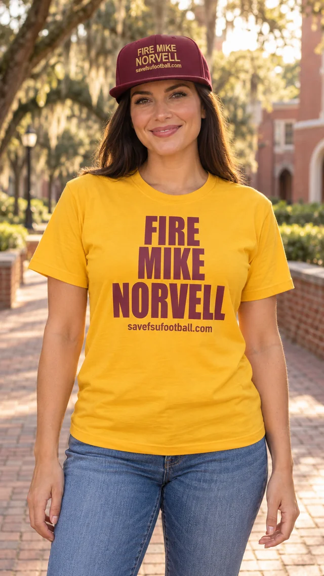 Model wearing the gold Fire Mike Norvell shirt and garnet embroidered hat