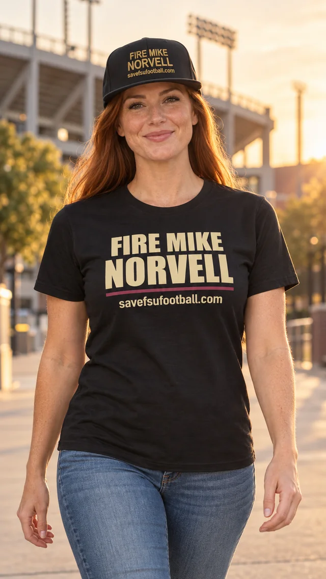 Model wearing the women’s black Fire Mike Norvell shirt and black embroidered hat