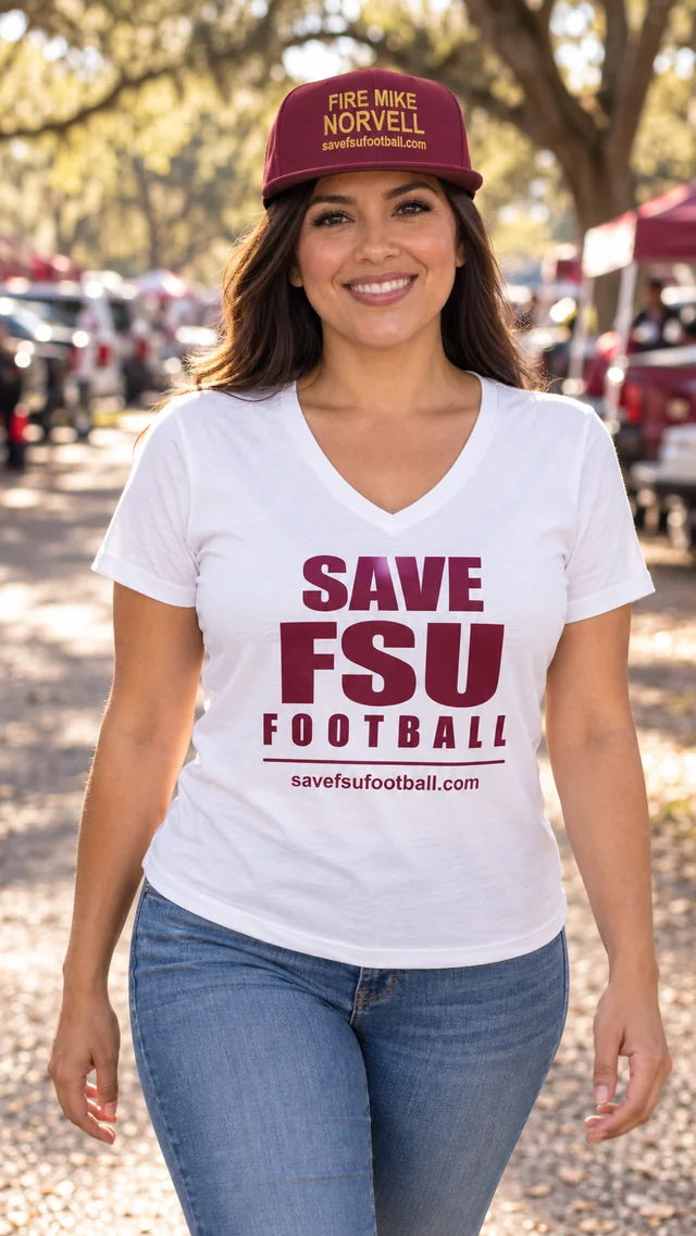 Model wearing the women’s white Save FSU Football V-neck and garnet embroidered hat