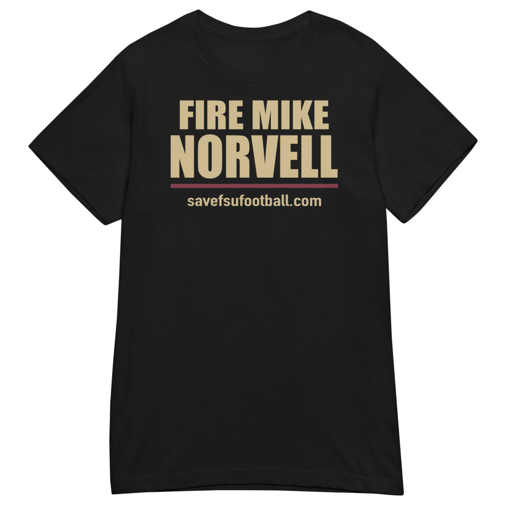 Fire Mike Norvell, Black, front: Gold lettering and garnet accent. Gildan 64000L semi-fitted tee.