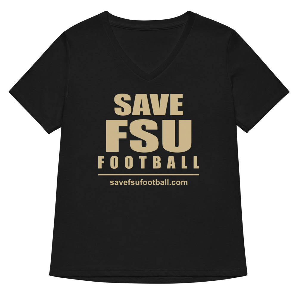 Save FSU Football, Black, front: Gold lettering on black. Bella+Canvas 6405CVC relaxed V-neck.