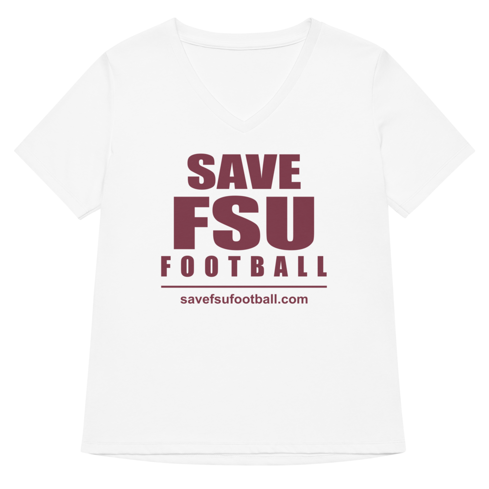 Save FSU Football, White, front: Garnet lettering on white. Bella+Canvas 6405CVC relaxed V-neck.